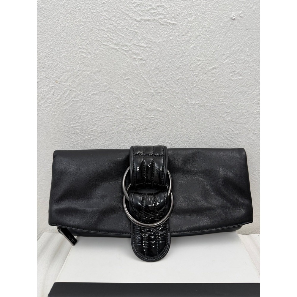 Hobo International Black Leather Foldover Clutch Bag Patent Ring Hardware